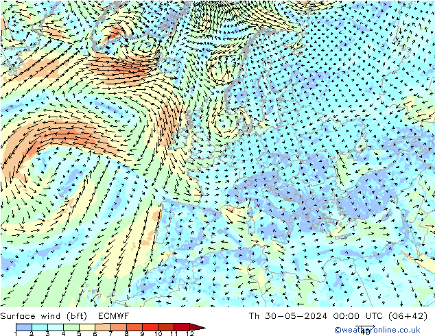 Surface wind (bft) ECMWF Th 30.05.2024 00 UTC