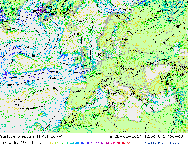 Isotachen (km/h) ECMWF di 28.05.2024 12 UTC