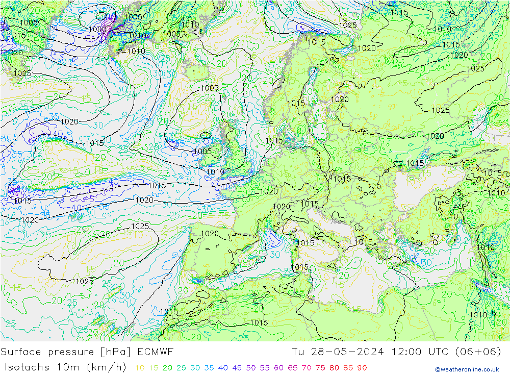 Isotachs (kph) ECMWF Tu 28.05.2024 12 UTC