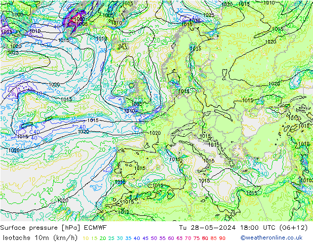 Isotachs (kph) ECMWF mar 28.05.2024 18 UTC