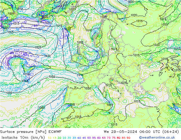 Isotaca (kph) ECMWF mié 29.05.2024 06 UTC