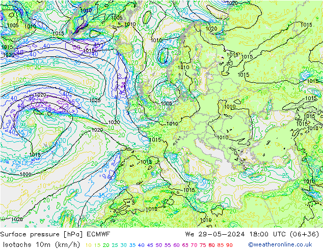 Isotachs (kph) ECMWF mer 29.05.2024 18 UTC