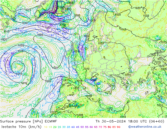 Isotachs (kph) ECMWF Th 30.05.2024 18 UTC