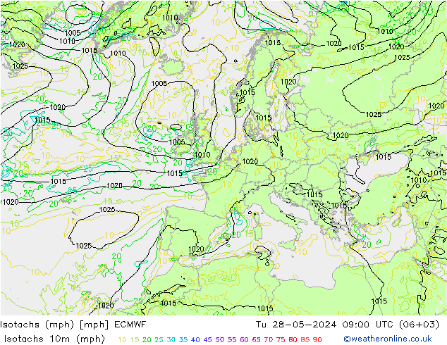 Isotaca (mph) ECMWF mar 28.05.2024 09 UTC