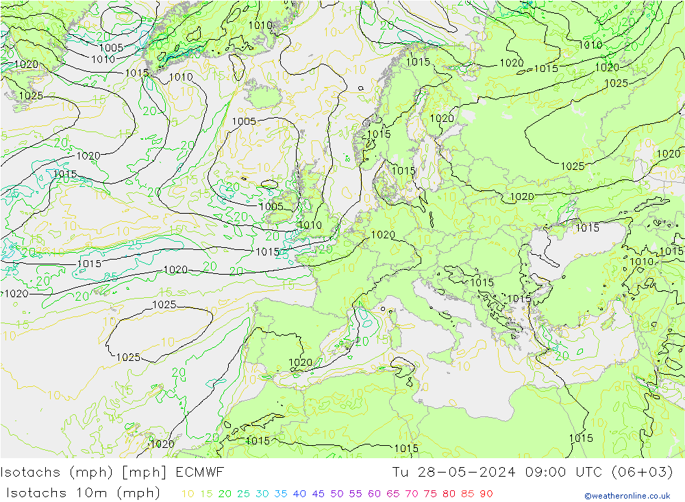Isotachs (mph) ECMWF  28.05.2024 09 UTC