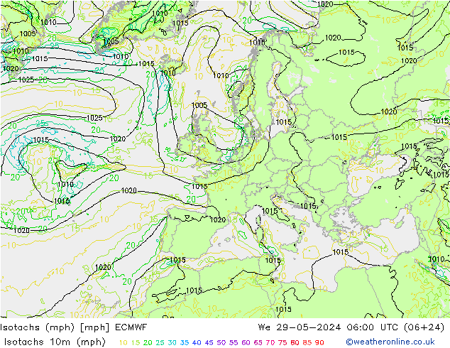 Isotachen (mph) ECMWF Mi 29.05.2024 06 UTC