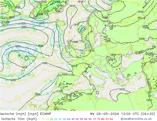 Isotachen (mph) ECMWF wo 29.05.2024 12 UTC