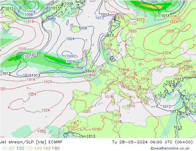 Straalstroom/SLP ECMWF di 28.05.2024 06 UTC