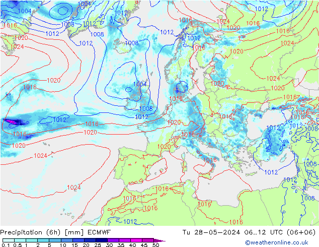 Z500/Rain (+SLP)/Z850 ECMWF вт 28.05.2024 12 UTC