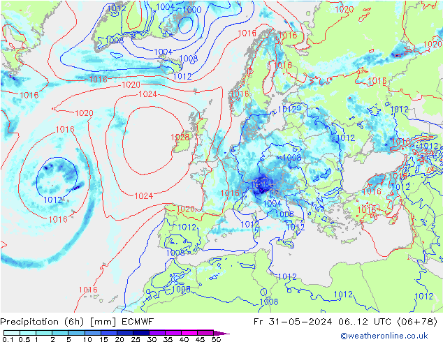 Precipitación (6h) ECMWF vie 31.05.2024 12 UTC