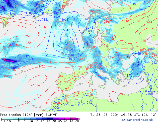 Precipitation (12h) ECMWF Tu 28.05.2024 18 UTC