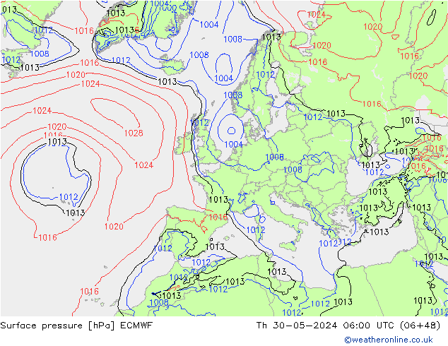 pressão do solo ECMWF Qui 30.05.2024 06 UTC