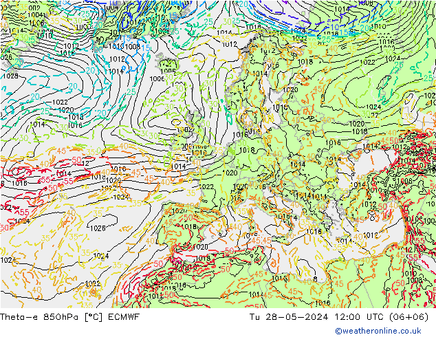 Theta-e 850hPa ECMWF Tu 28.05.2024 12 UTC