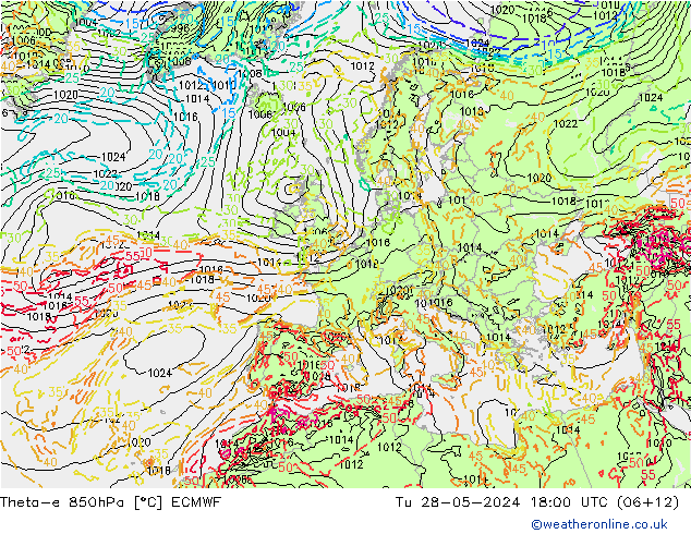 Theta-e 850hPa ECMWF Tu 28.05.2024 18 UTC