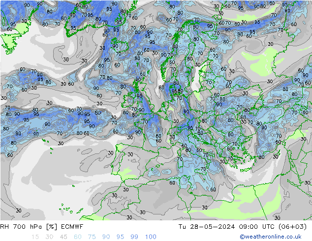 RH 700 hPa ECMWF Tu 28.05.2024 09 UTC