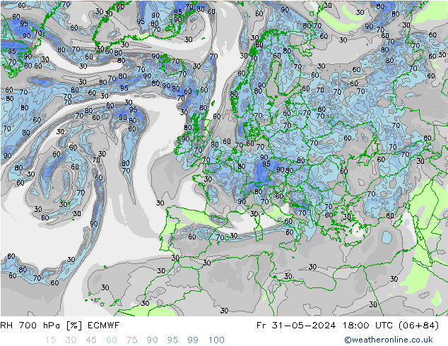 RH 700 hPa ECMWF Pá 31.05.2024 18 UTC