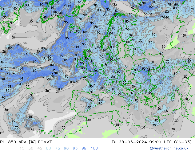 RH 850 hPa ECMWF Tu 28.05.2024 09 UTC