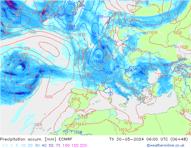 Precipitation accum. ECMWF чт 30.05.2024 06 UTC