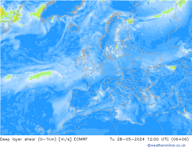 Deep layer shear (0-1km) ECMWF Tu 28.05.2024 12 UTC