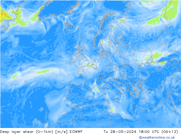 Deep layer shear (0-1km) ECMWF  28.05.2024 18 UTC