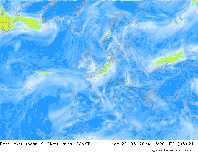 Deep layer shear (0-1km) ECMWF mié 29.05.2024 03 UTC