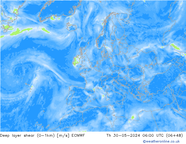 Deep layer shear (0-1km) ECMWF jue 30.05.2024 06 UTC