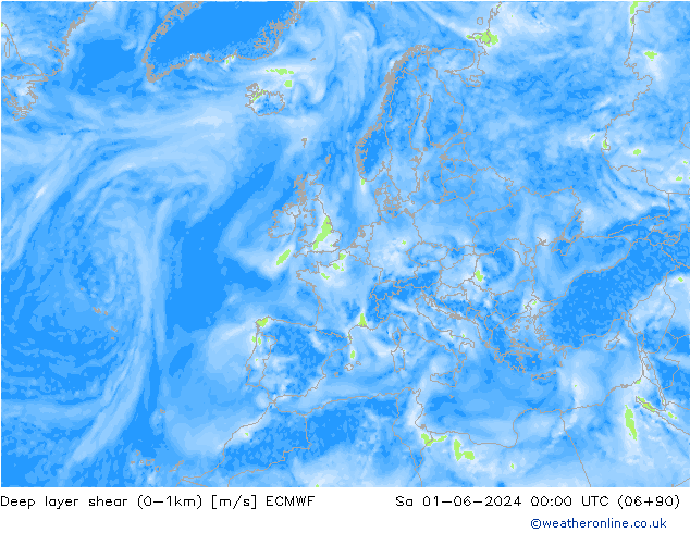 Deep layer shear (0-1km) ECMWF sam 01.06.2024 00 UTC