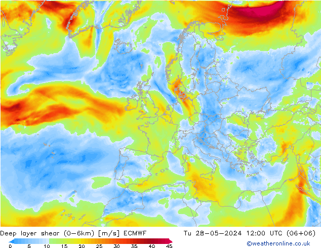 Deep layer shear (0-6km) ECMWF  28.05.2024 12 UTC