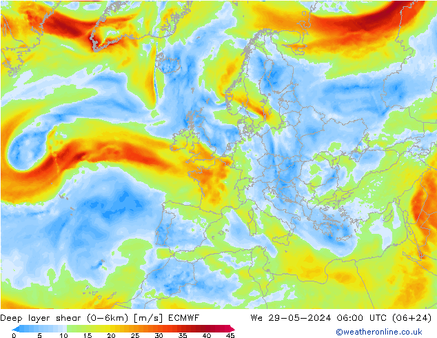 Deep layer shear (0-6km) ECMWF  29.05.2024 06 UTC