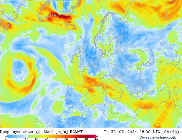 Deep layer shear (0-6km) ECMWF  30.05.2024 18 UTC