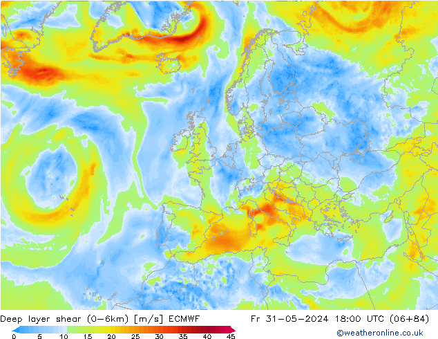 Deep layer shear (0-6km) ECMWF Fr 31.05.2024 18 UTC