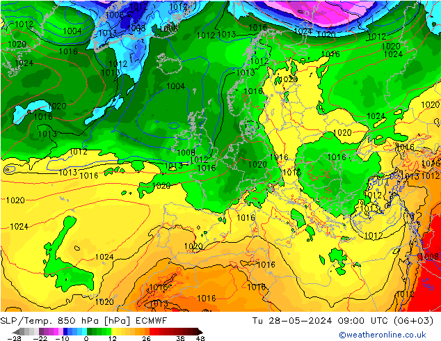 SLP/Temp. 850 hPa ECMWF wto. 28.05.2024 09 UTC