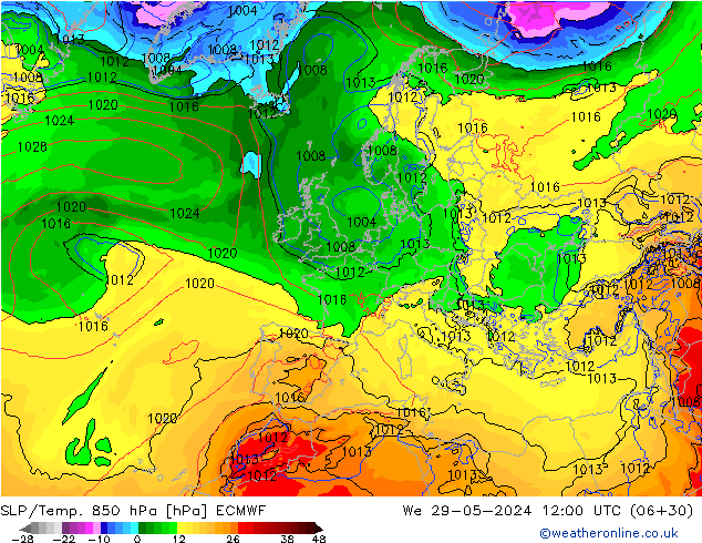 SLP/Temp. 850 hPa ECMWF śro. 29.05.2024 12 UTC