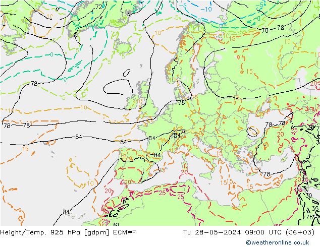 Height/Temp. 925 hPa ECMWF Út 28.05.2024 09 UTC