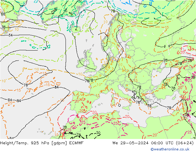 Height/Temp. 925 hPa ECMWF We 29.05.2024 06 UTC