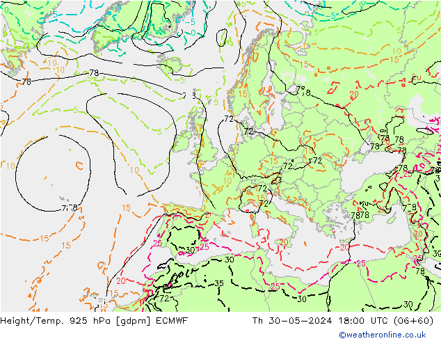 Height/Temp. 925 hPa ECMWF Th 30.05.2024 18 UTC