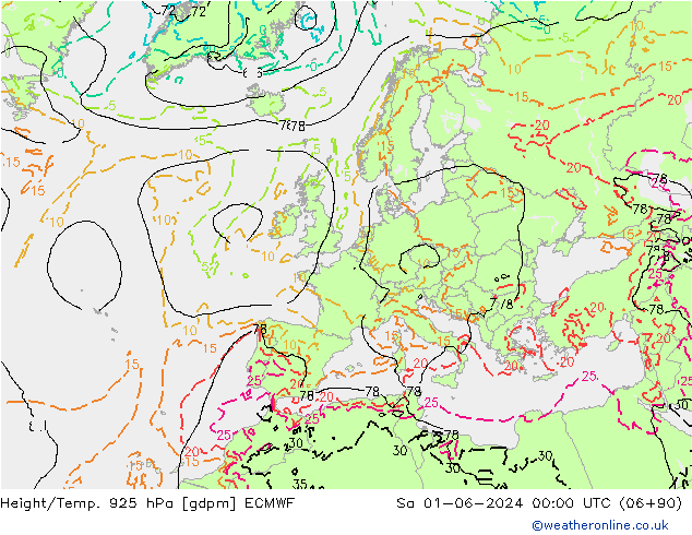 Height/Temp. 925 hPa ECMWF Sa 01.06.2024 00 UTC