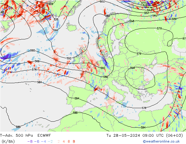 T-Adv. 500 hPa ECMWF mar 28.05.2024 09 UTC