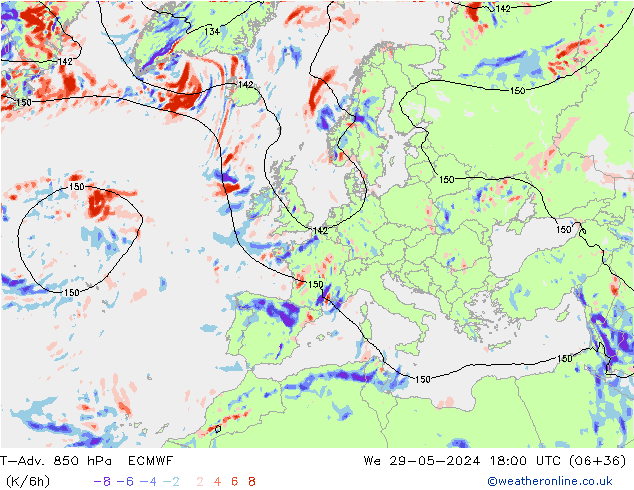 T-Adv. 850 hPa ECMWF mié 29.05.2024 18 UTC