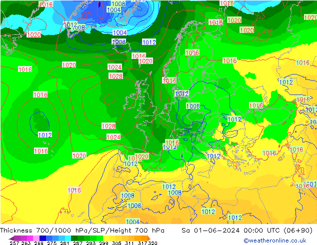 Thck 700-1000 hPa ECMWF Sa 01.06.2024 00 UTC