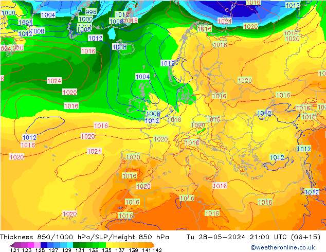 Espesor 850-1000 hPa ECMWF mar 28.05.2024 21 UTC