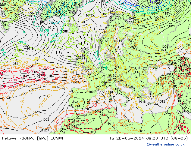 Theta-e 700hPa ECMWF Tu 28.05.2024 09 UTC