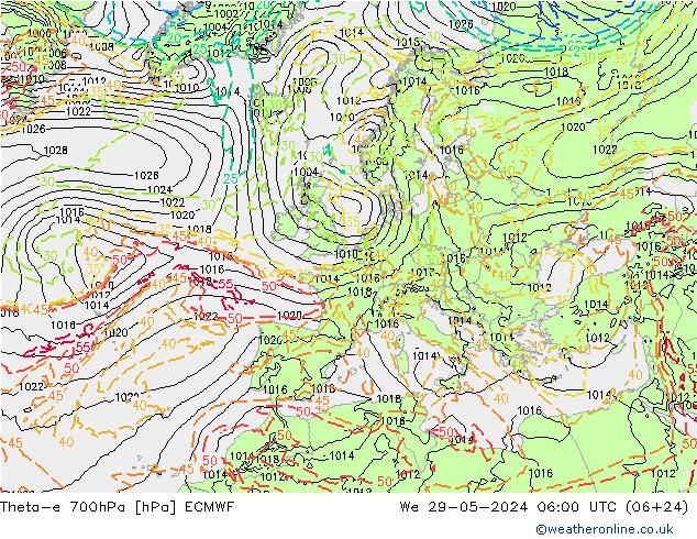 Theta-e 700hPa ECMWF 星期三 29.05.2024 06 UTC