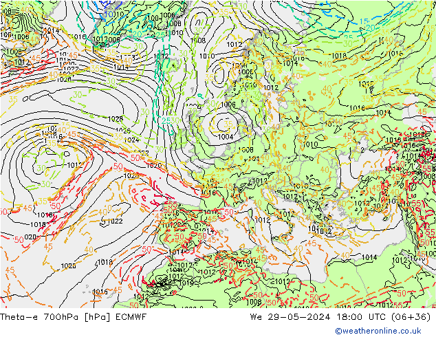 Theta-e 700hPa ECMWF Mi 29.05.2024 18 UTC