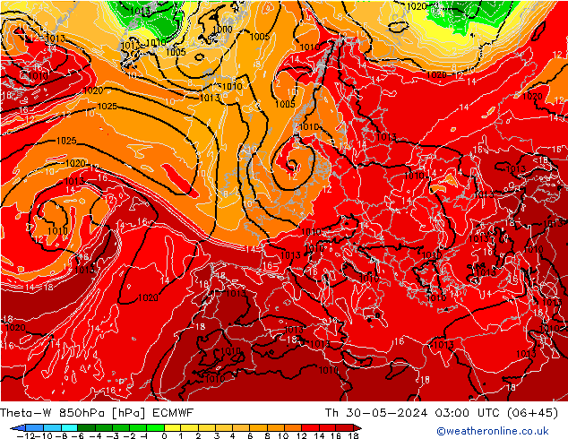 Theta-W 850hPa ECMWF Qui 30.05.2024 03 UTC