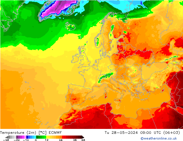Temperature (2m) ECMWF Út 28.05.2024 09 UTC
