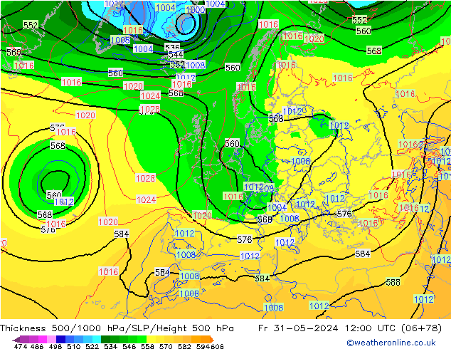 Dikte 500-1000hPa ECMWF vr 31.05.2024 12 UTC