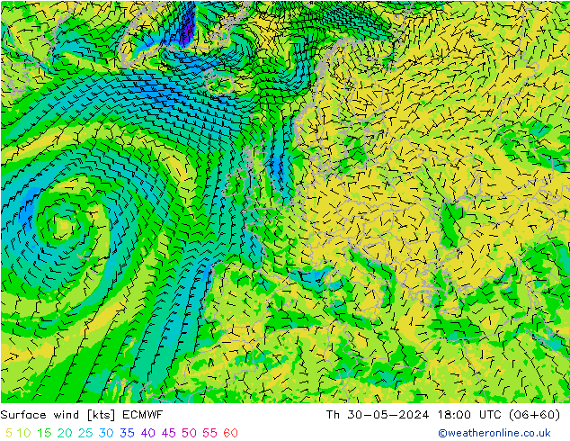 Vento 10 m ECMWF gio 30.05.2024 18 UTC