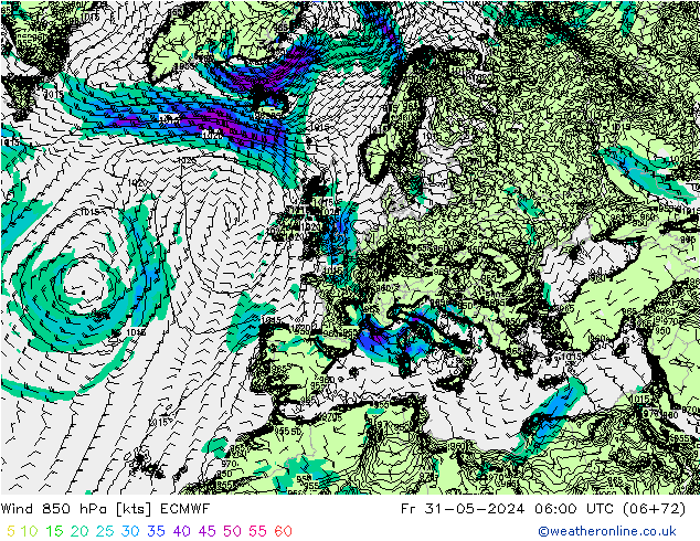 Rüzgar 850 hPa ECMWF Cu 31.05.2024 06 UTC