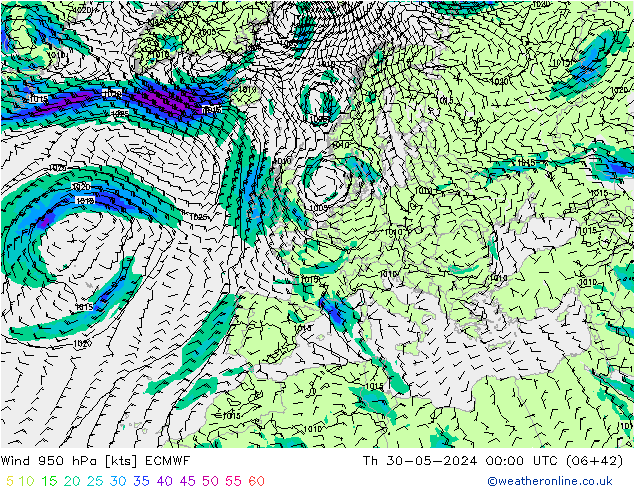 wiatr 950 hPa ECMWF czw. 30.05.2024 00 UTC